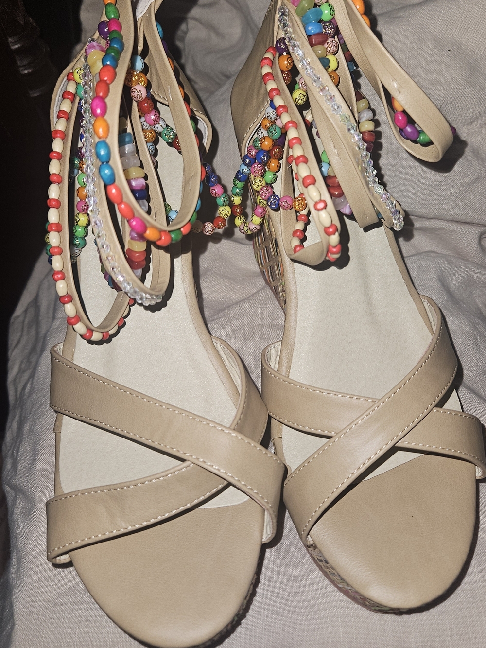 Beaded Ankle-Tie Beige Wedge Sandals with Multicolor Beads